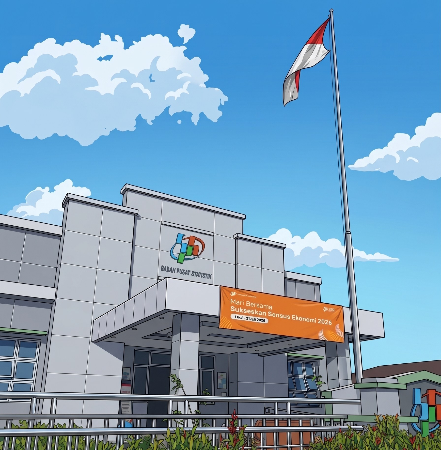 Ilustrasi kantor BPS Kabupaten Dairi dengan bendera Merah Putih